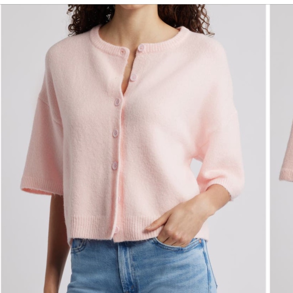 Petal and Pup Pastel Pink Button-Up Sweater. Short sleeve. Size small.